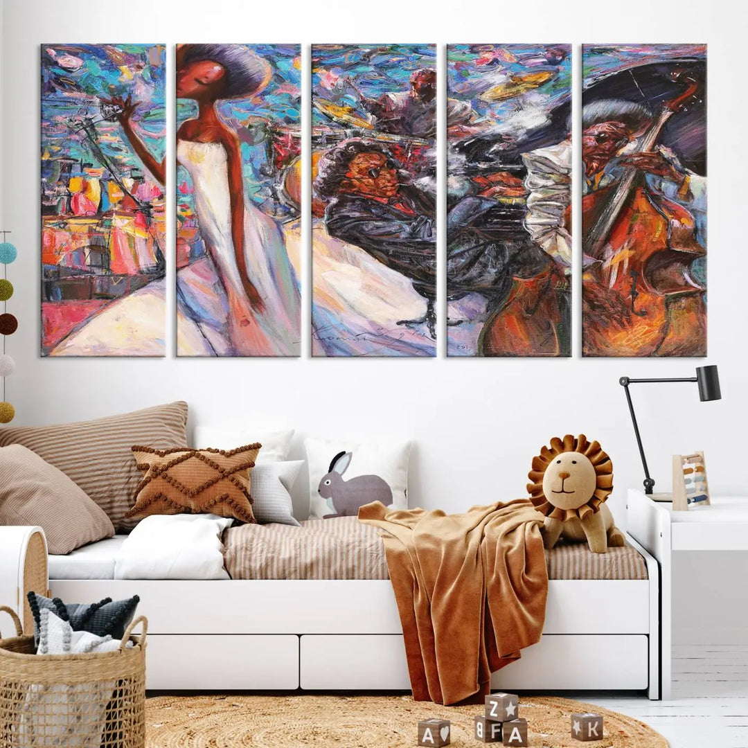 The Jazz Music Abstract Painting Canvas Wall Art, featuring museum-quality canvas with UV-protective coating, brightens a modern living room.