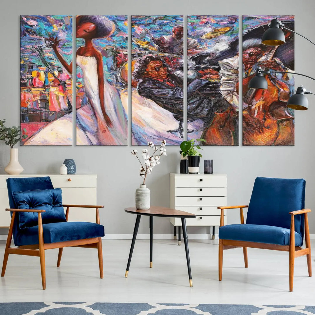 The Jazz Music Abstract Painting Canvas Wall Art, featuring museum-quality canvas with UV-protective coating, brightens a modern living room.