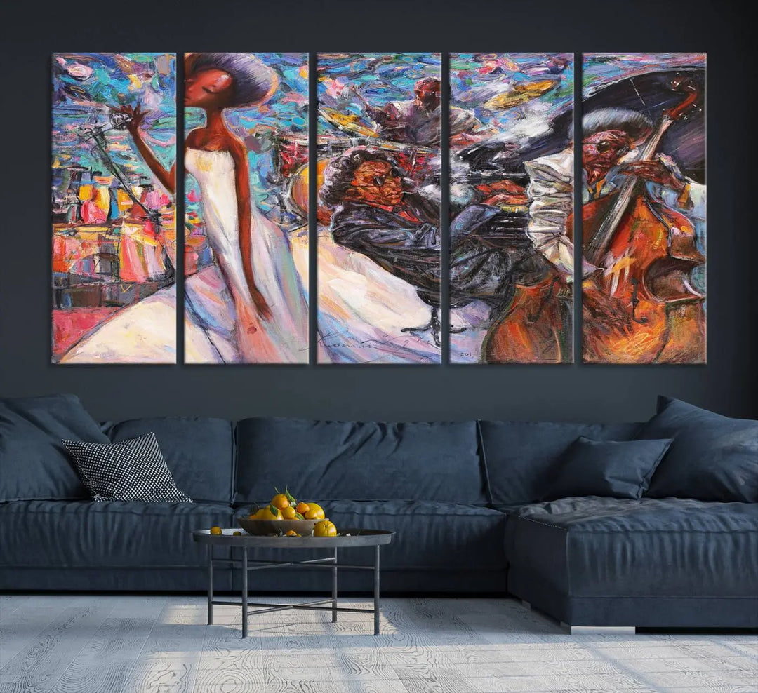 The Jazz Music Abstract Painting Canvas Wall Art, featuring museum-quality canvas with UV-protective coating, brightens a modern living room.