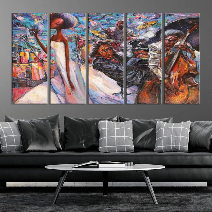 The Jazz Music Abstract Painting Canvas Wall Art, featuring museum-quality canvas with UV-protective coating, brightens a modern living room.