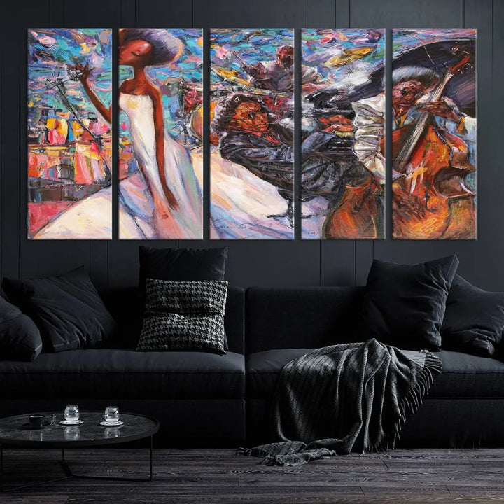 The Jazz Music Abstract Painting Canvas Wall Art, featuring museum-quality canvas with UV-protective coating, brightens a modern living room.