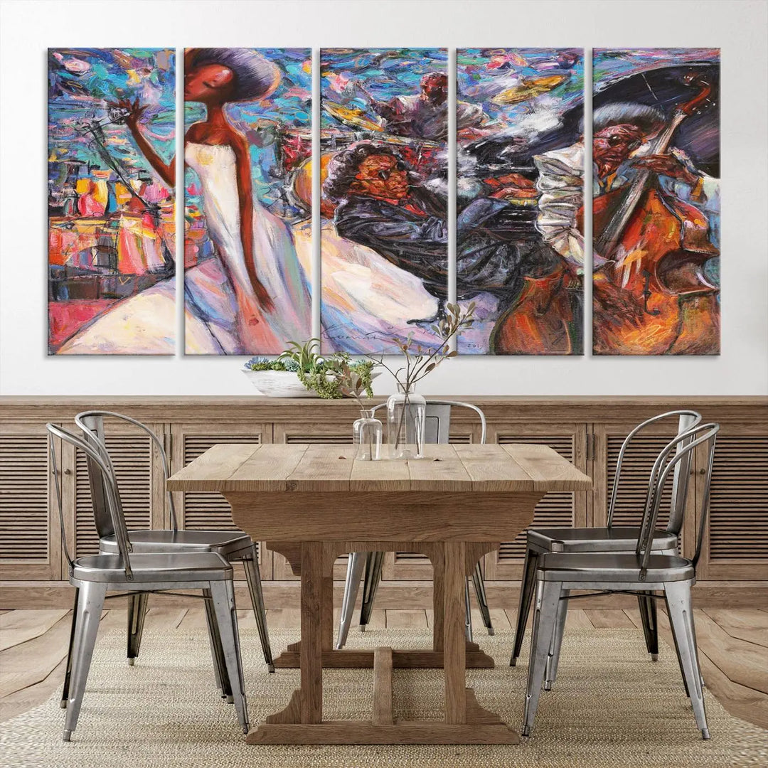 The Jazz Music Abstract Painting Canvas Wall Art, featuring museum-quality canvas with UV-protective coating, brightens a modern living room.