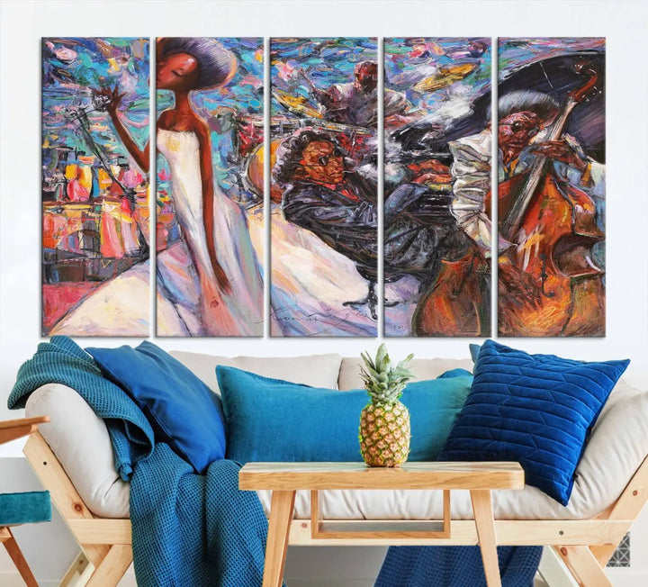 The Jazz Music Abstract Painting Canvas Wall Art, featuring museum-quality canvas with UV-protective coating, brightens a modern living room.