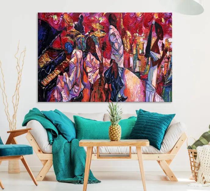 Jazz Orchestra Abstract Wall Art Canvas Print presented on gallery-wrapped, museum-quality canvas with a UV-protective coating.