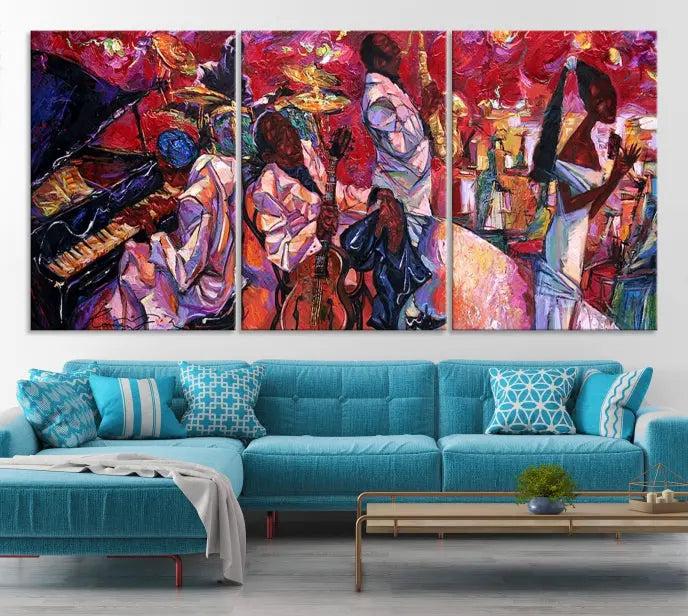 Jazz Orchestra Abstract Wall Art Canvas Print presented on gallery-wrapped, museum-quality canvas with a UV-protective coating.