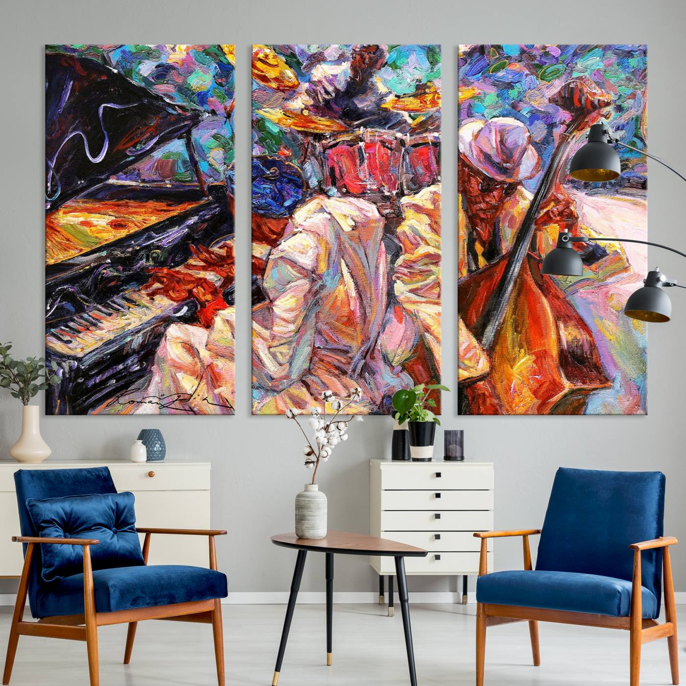 Jazz Trio Art Canvas Print - Colorful Abstract Musician Triptych - Vibrant Artistic Decor for Living Room or Music Room - Ready to Hang