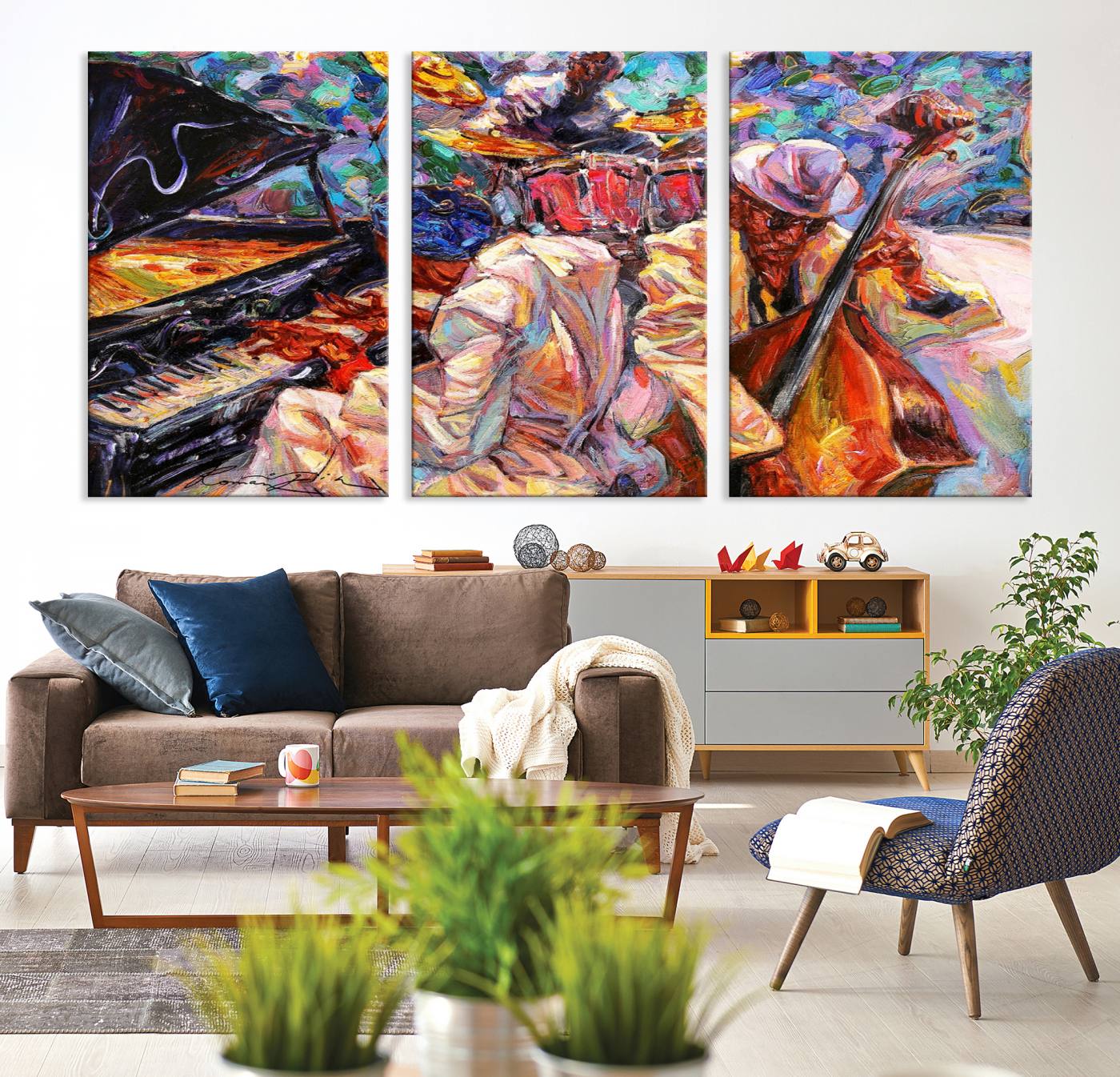 38412-MGV-CV-36X24-Jazz Trio Art Canvas Print - Colorful Abstract Musician Triptych - Vibrant Artistic Decor for Living