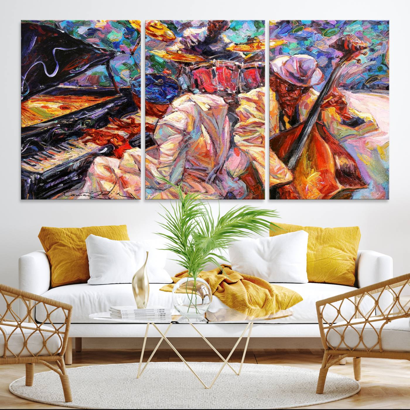 Jazz Trio Art Canvas Print - Colorful Abstract Musician Triptych - Vibrant Artistic Decor for Living Room or Music Room - Ready to Hang