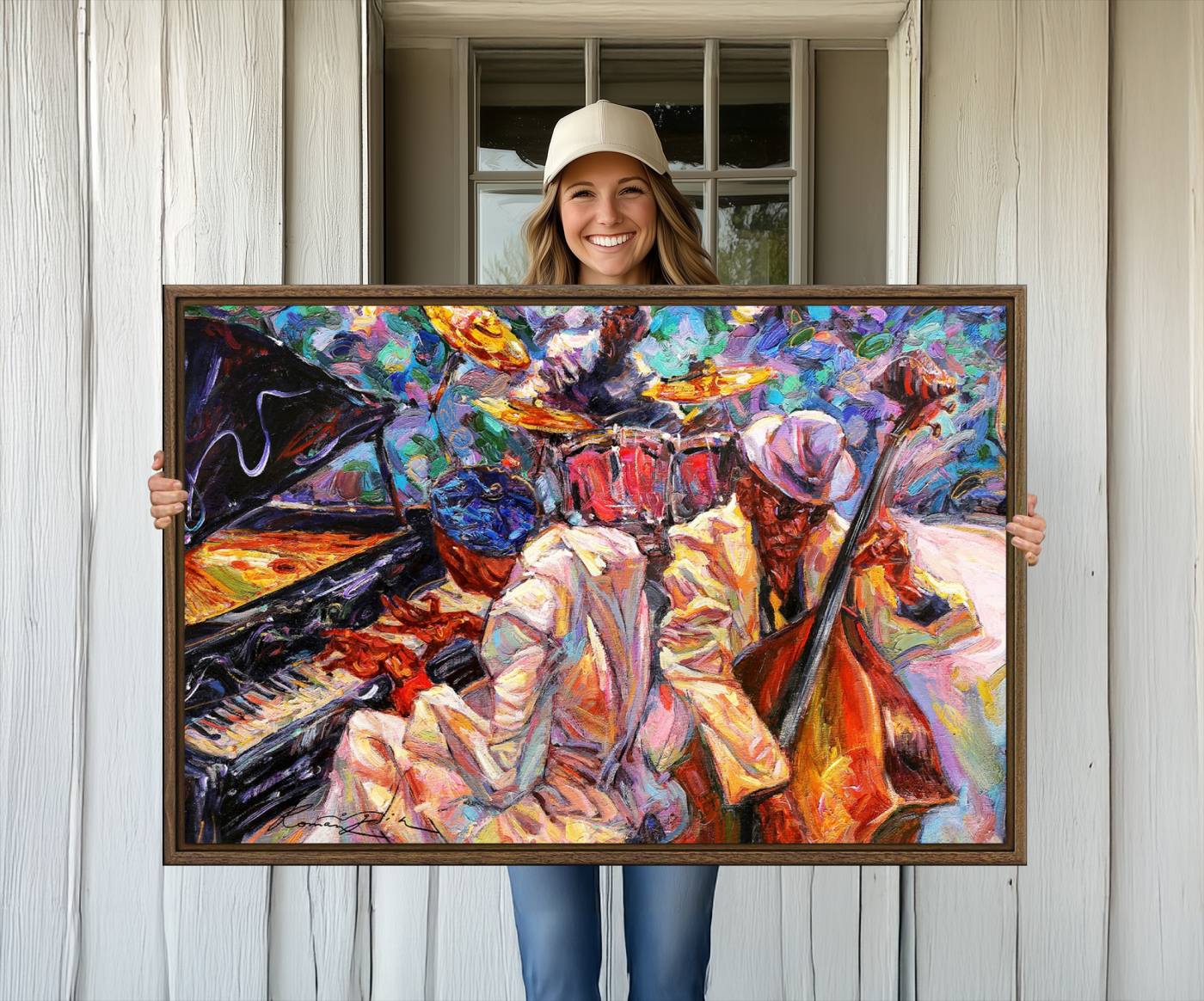 38412-MGV-CV-36X24-Jazz Trio Art Canvas Print - Colorful Abstract Musician Triptych - Vibrant Artistic Decor for Living