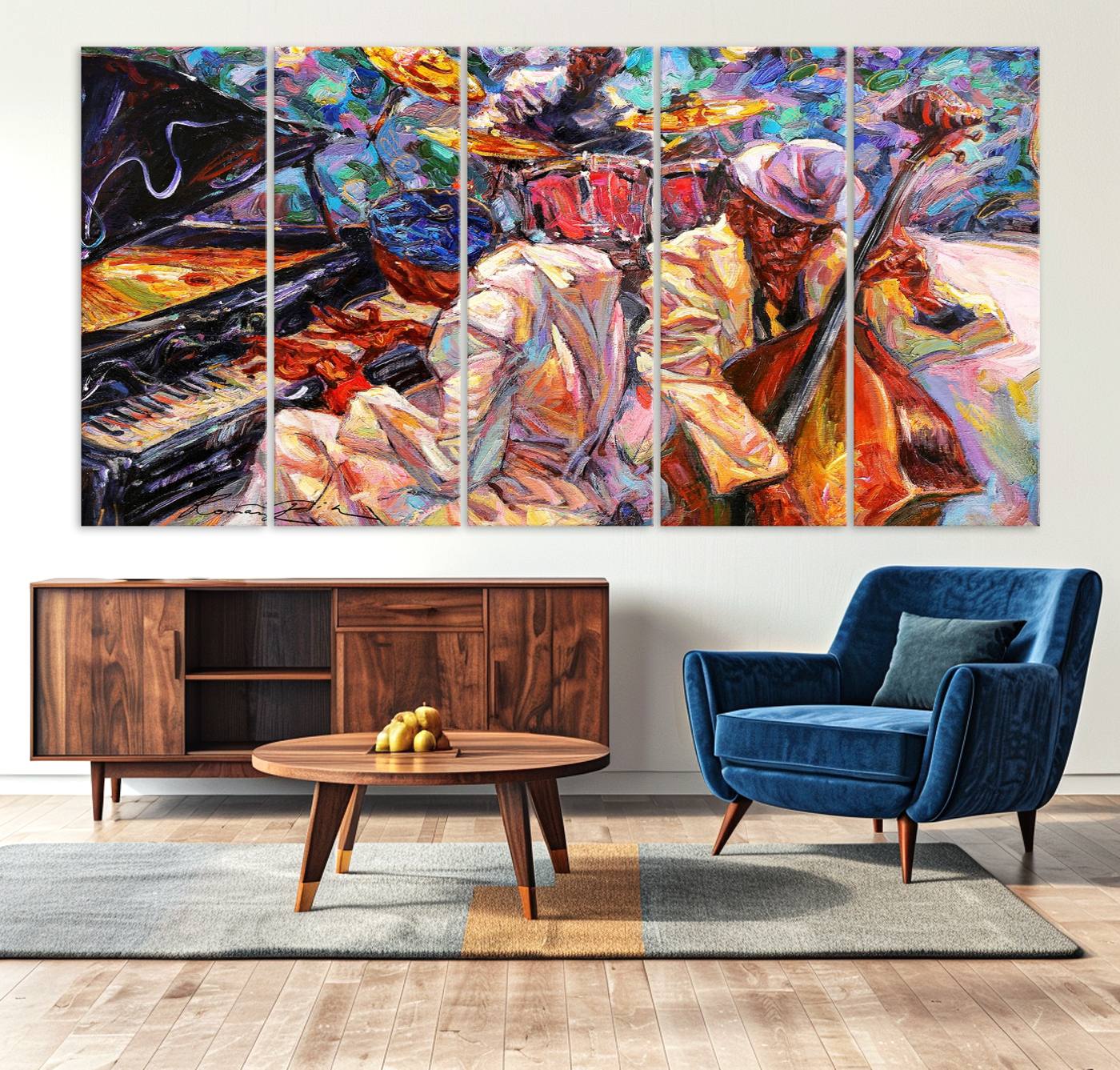 38412-MGV-CV-36X24-Jazz Trio Art Canvas Print - Colorful Abstract Musician Triptych - Vibrant Artistic Decor for Living