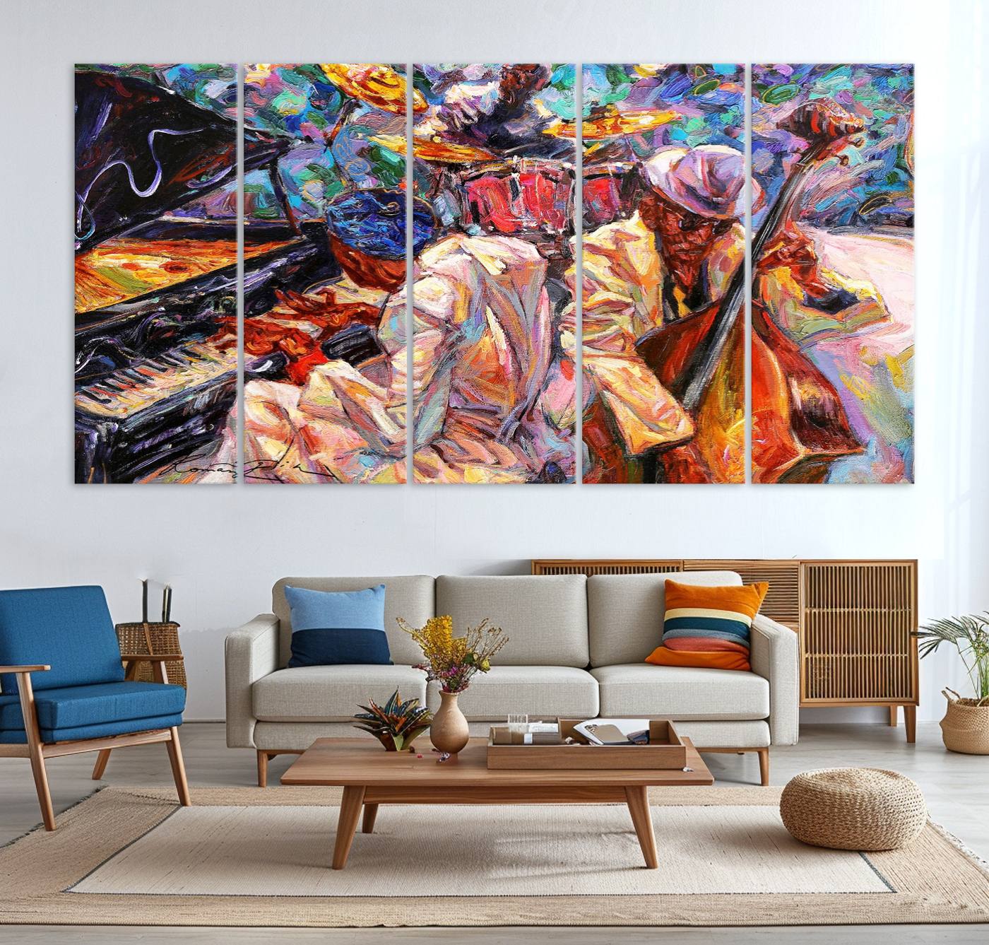38412-MGV-CV-36X24-Jazz Trio Art Canvas Print - Colorful Abstract Musician Triptych - Vibrant Artistic Decor for Living