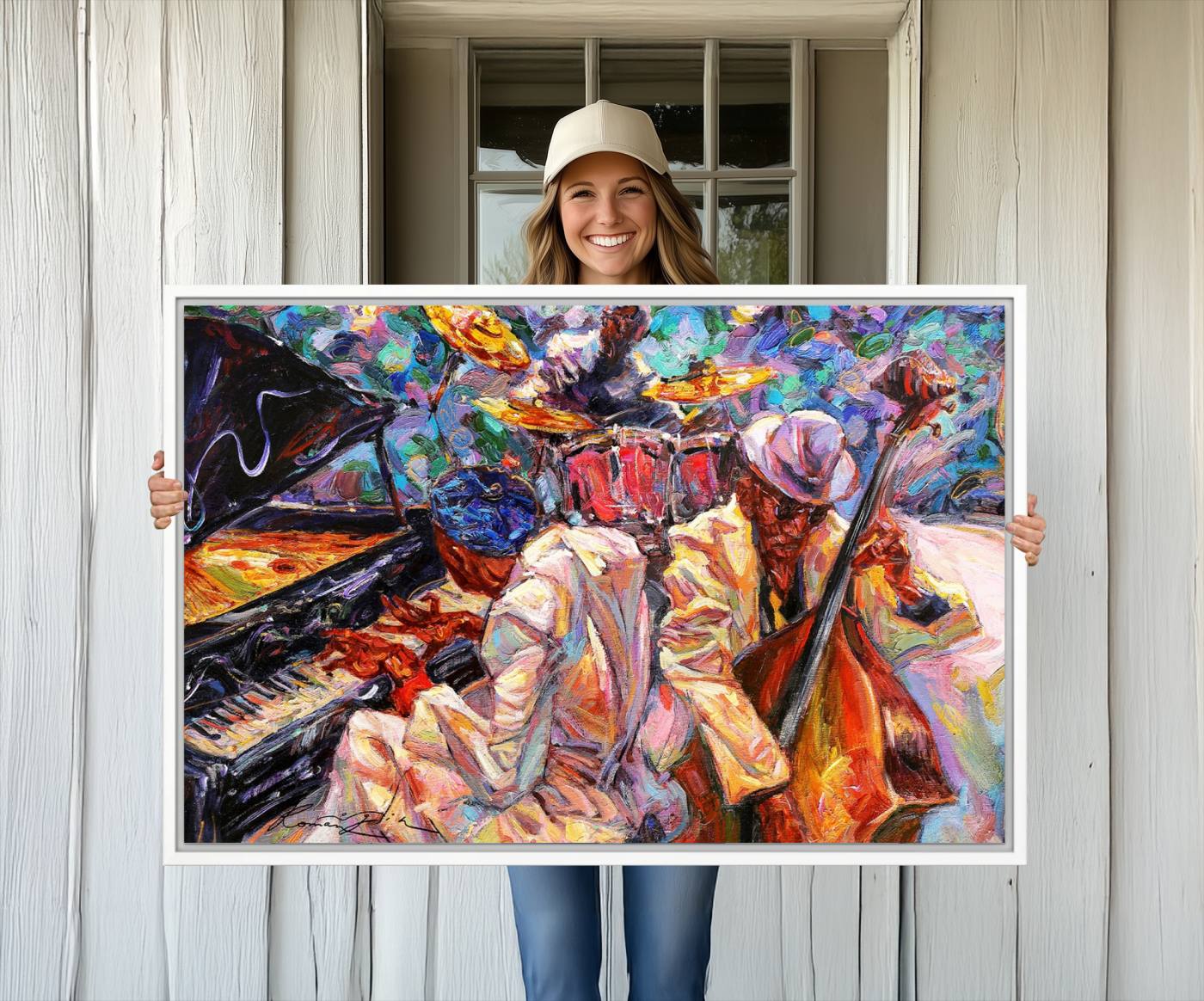 38412-MGV-CV-36X24-Jazz Trio Art Canvas Print - Colorful Abstract Musician Triptych - Vibrant Artistic Decor for Living