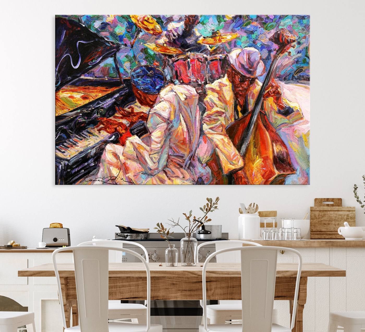 38412-MGV-CV-36X24-Jazz Trio Art Canvas Print - Colorful Abstract Musician Triptych - Vibrant Artistic Decor for Living