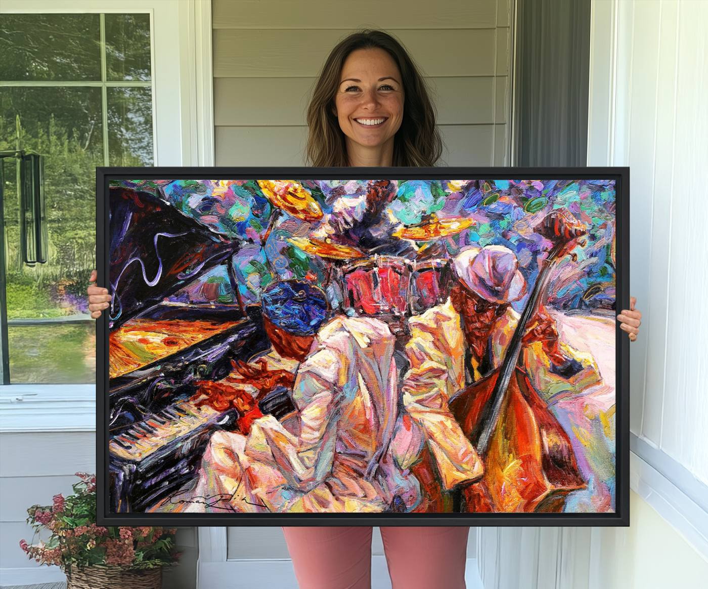 38412-MGV-CV-36X24-Jazz Trio Art Canvas Print - Colorful Abstract Musician Triptych - Vibrant Artistic Decor for Living