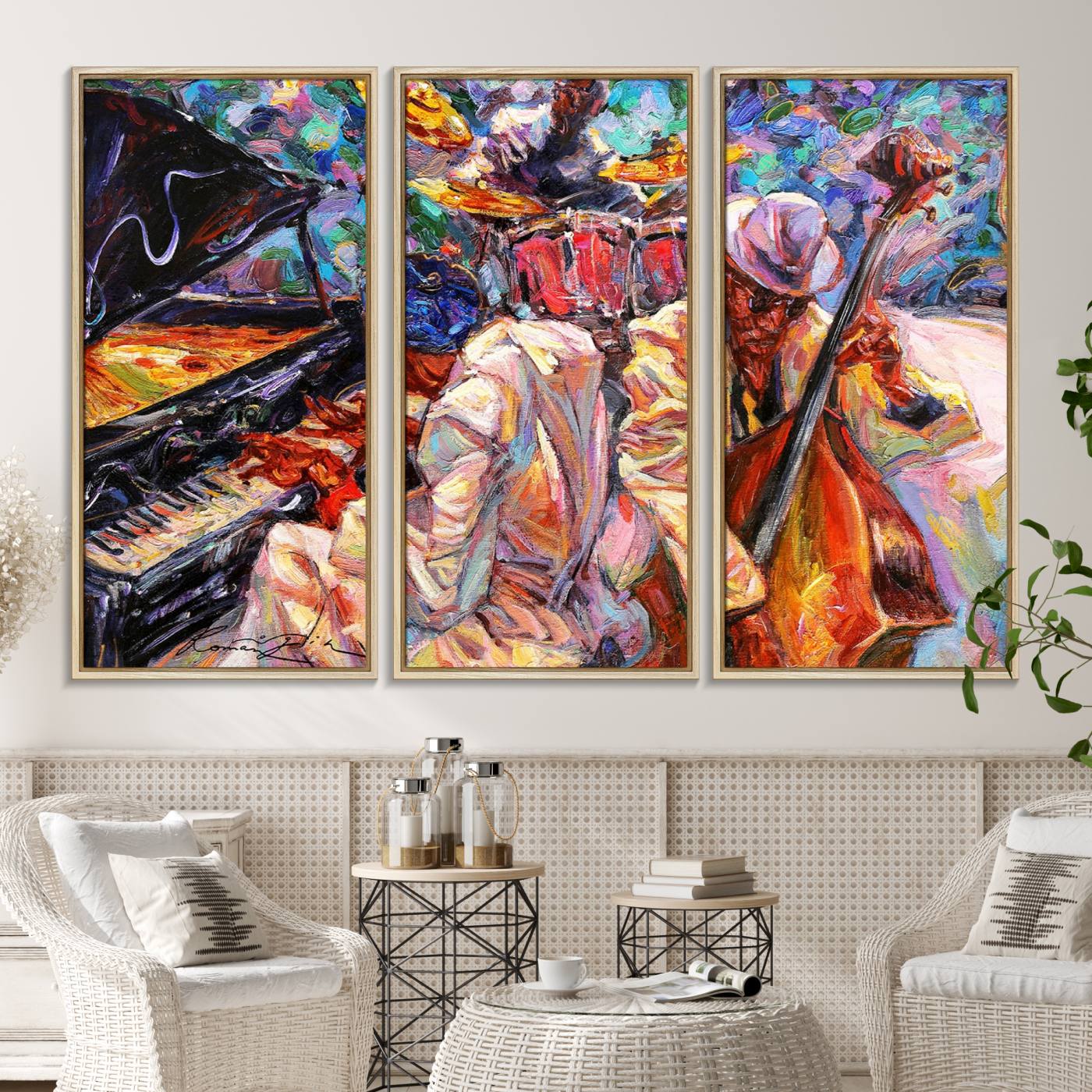 38412-MGV-CV-36X24-Jazz Trio Art Canvas Print - Colorful Abstract Musician Triptych - Vibrant Artistic Decor for Living Room or Music Room - Ready to Hang