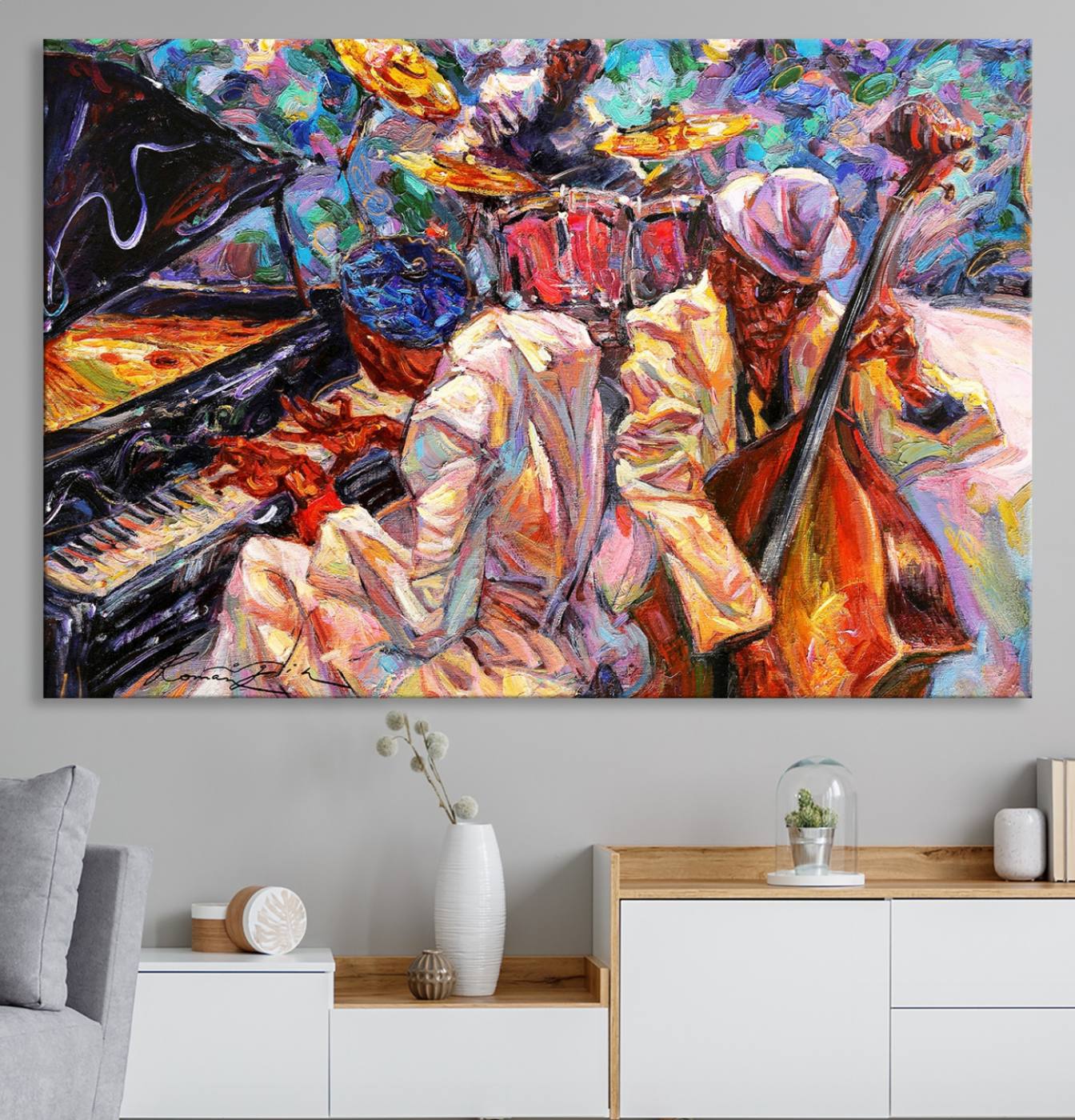38412-MGV-CV-36X24-Jazz Trio Art Canvas Print - Colorful Abstract Musician Triptych - Vibrant Artistic Decor for Living