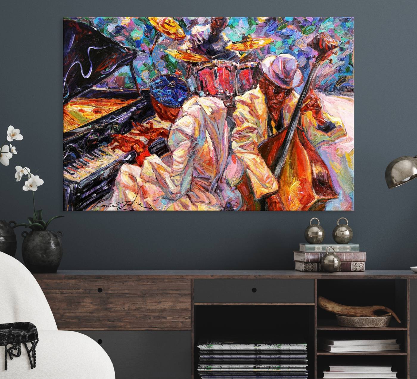 38412-MGV-CV-36X24-Jazz Trio Art Canvas Print - Colorful Abstract Musician Triptych - Vibrant Artistic Decor for Living