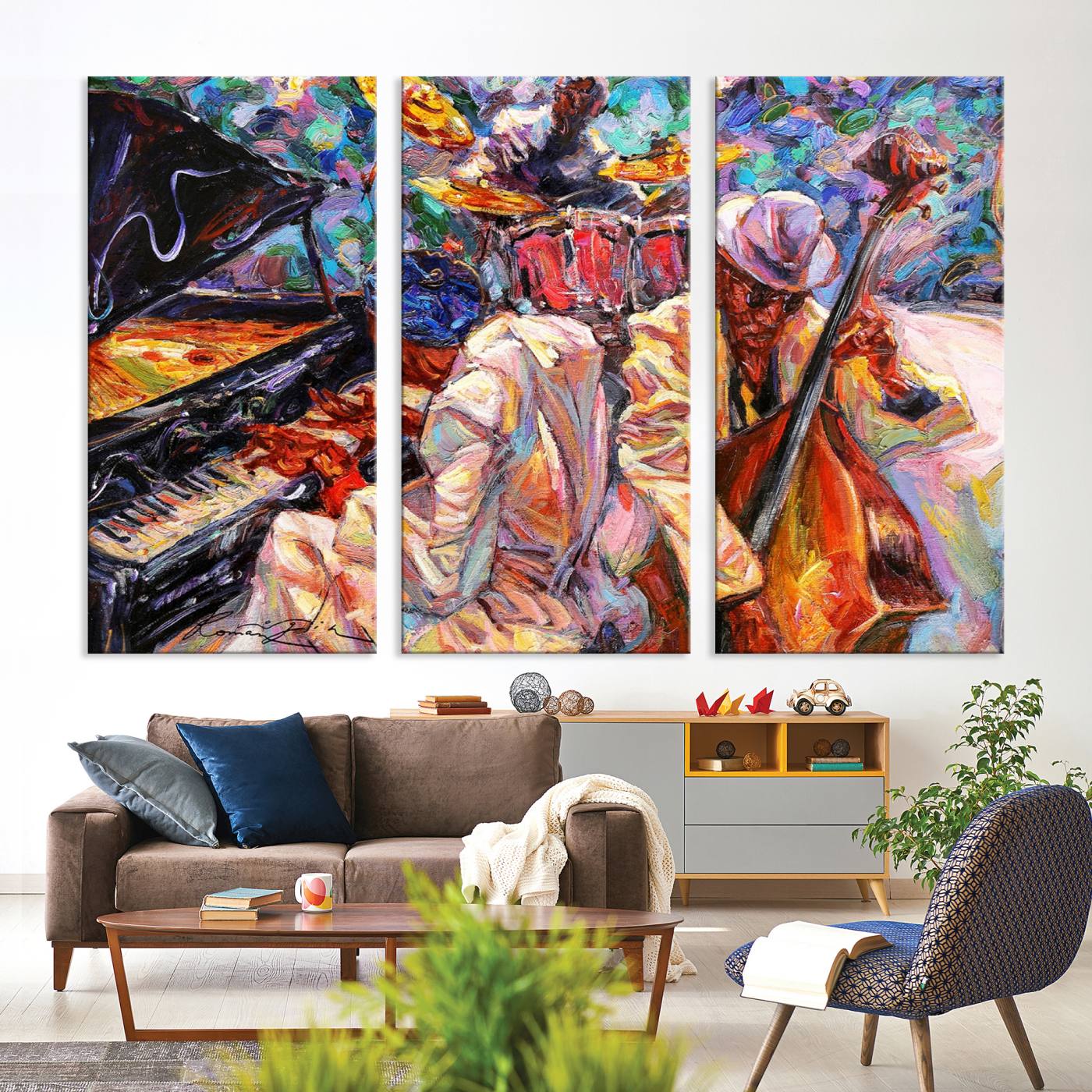 Jazz Trio Art Canvas Print - Colorful Abstract Musician Triptych - Vibrant Artistic Decor for Living Room or Music Room - Ready to Hang