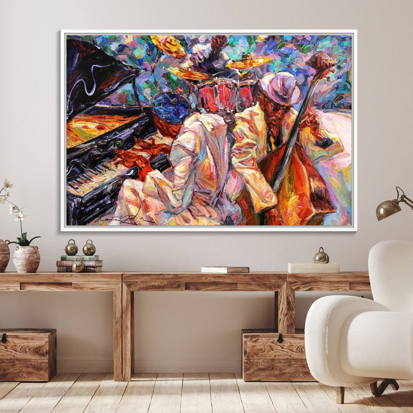 38412-MGV-FC-36X24_White-Jazz Trio Art Canvas Print - Colorful Abstract Musician Triptych - Vibrant Artistic Decor for Living Room or Music Room - Ready to Hang