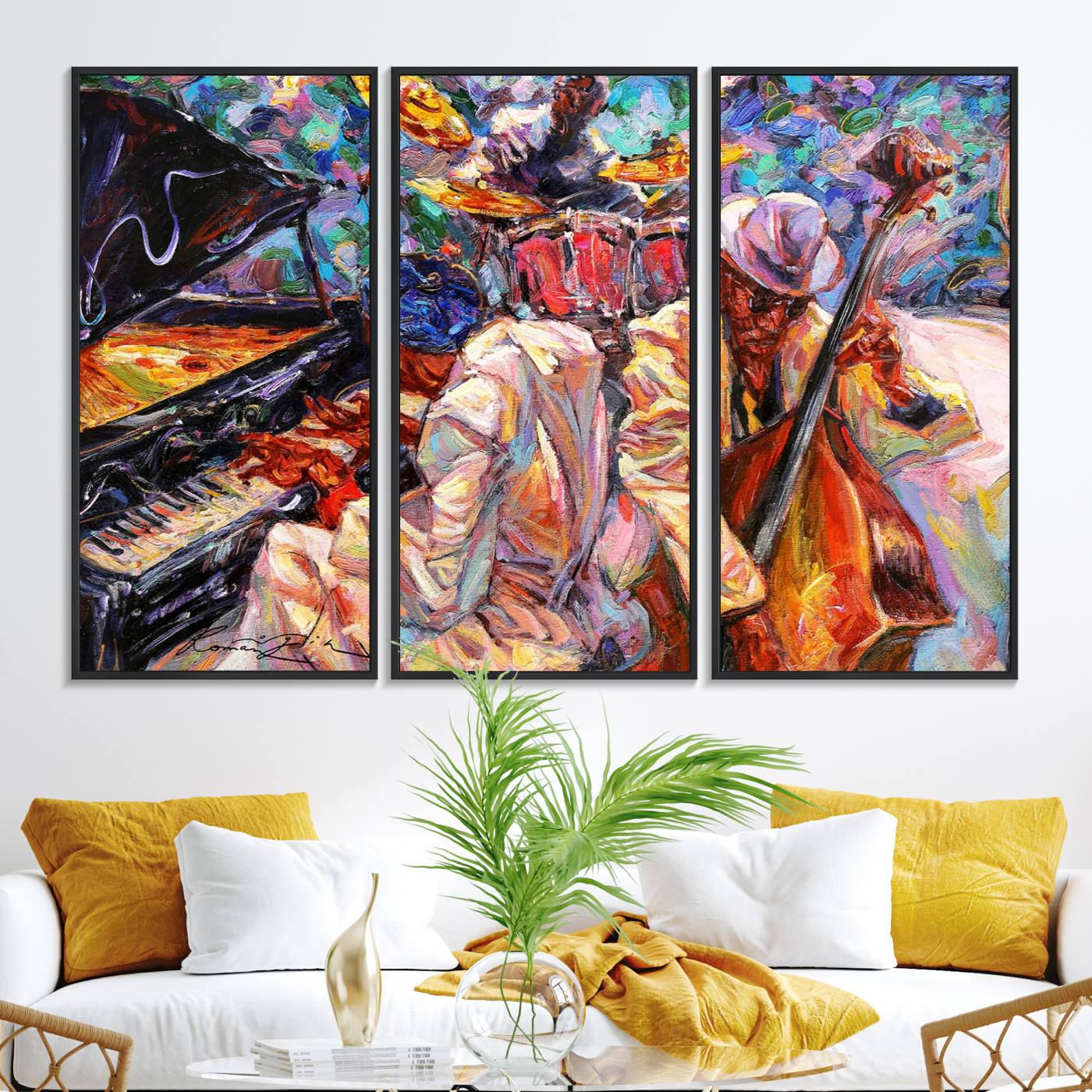 38412-MGV-FC-48X32-3P_Black-Jazz Trio Art Canvas Print - Colorful Abstract Musician Triptych - Vibrant Artistic Decor for Living Room or Music Room - Ready to Hang