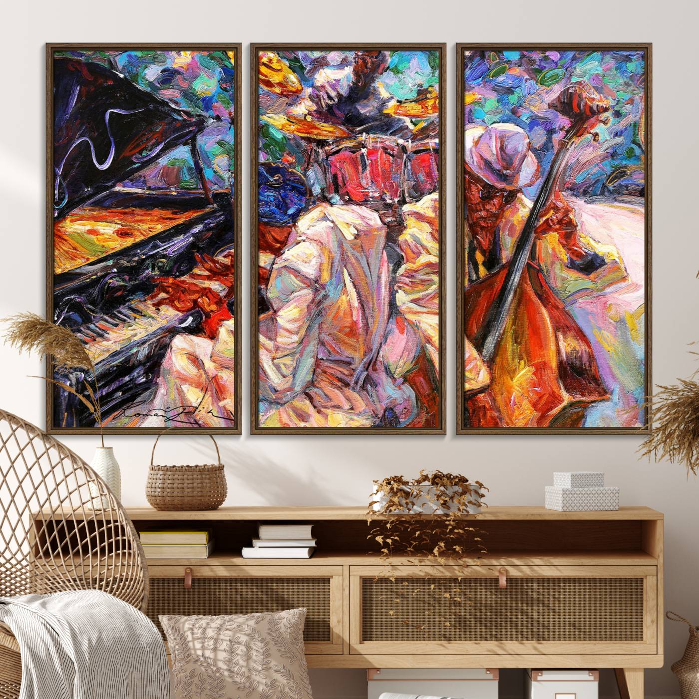 38412-MGV-FC-48X32-3P_Walnut-Jazz Trio Art Canvas Print - Colorful Abstract Musician Triptych - Vibrant Artistic Decor for Living Room or Music Room - Ready to Hang
