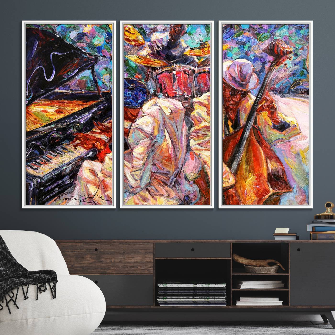 38412-MGV-FC-48X32-3P_White-Jazz Trio Art Canvas Print - Colorful Abstract Musician Triptych - Vibrant Artistic Decor for Living Room or Music Room - Ready to Hang