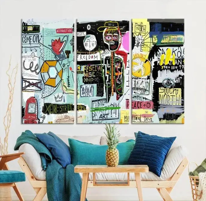 The Jean Abstract Graffiti Canvas, a modern abstract wall art inspired by street art and featuring vibrant symbols and text, is elegantly displayed in the living room.