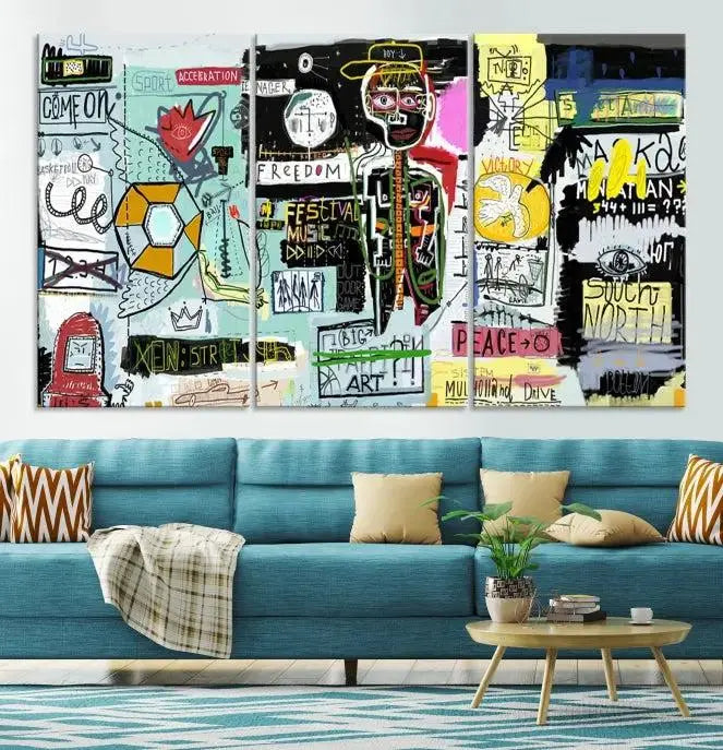 The Jean Abstract Graffiti Canvas, a modern abstract wall art inspired by street art and featuring vibrant symbols and text, is elegantly displayed in the living room.