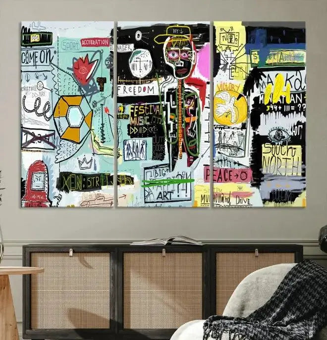 The Jean Abstract Graffiti Canvas, a modern abstract wall art inspired by street art and featuring vibrant symbols and text, is elegantly displayed in the living room.