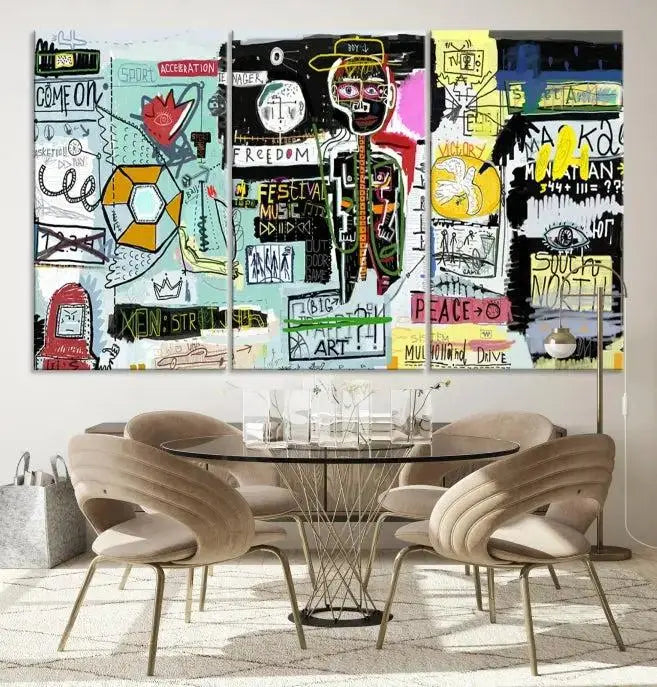 The Jean Abstract Graffiti Canvas, a modern abstract wall art inspired by street art and featuring vibrant symbols and text, is elegantly displayed in the living room.