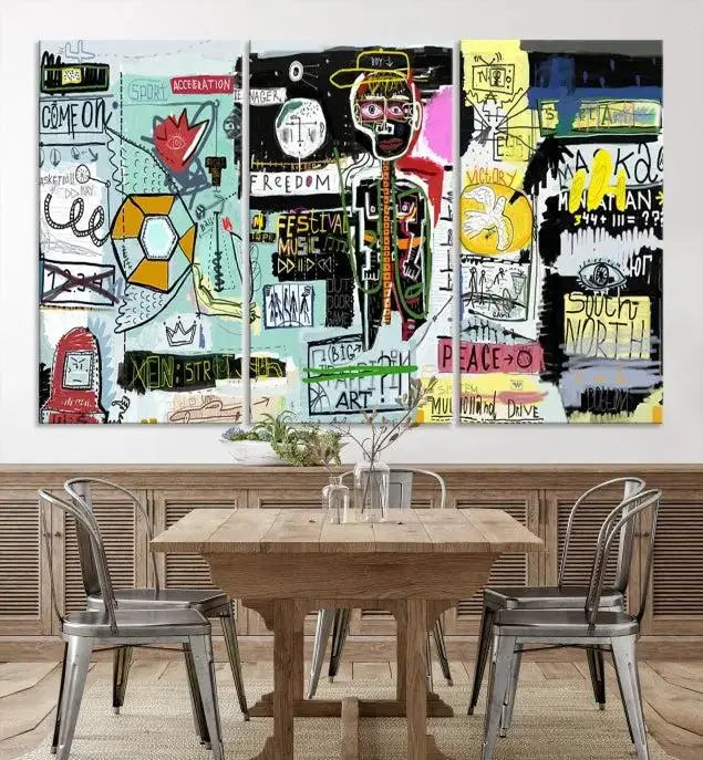 The Jean Abstract Graffiti Canvas, a modern abstract wall art inspired by street art and featuring vibrant symbols and text, is elegantly displayed in the living room.