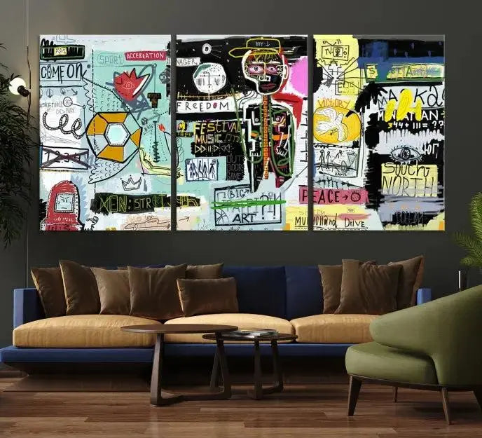 The Jean Abstract Graffiti Canvas, a modern abstract wall art inspired by street art and featuring vibrant symbols and text, is elegantly displayed in the living room.