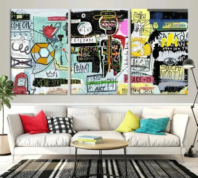 The Jean Abstract Graffiti Canvas, a modern abstract wall art inspired by street art and featuring vibrant symbols and text, is elegantly displayed in the living room.