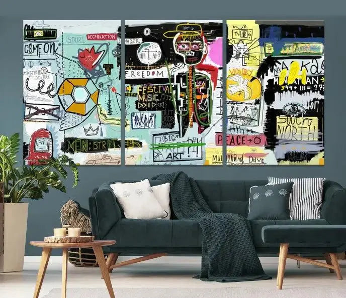 The Jean Abstract Graffiti Canvas, a modern abstract wall art inspired by street art and featuring vibrant symbols and text, is elegantly displayed in the living room.