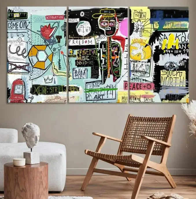 The Jean Abstract Graffiti Canvas, a modern abstract wall art inspired by street art and featuring vibrant symbols and text, is elegantly displayed in the living room.