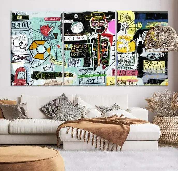 The Jean Abstract Graffiti Canvas, a modern abstract wall art inspired by street art and featuring vibrant symbols and text, is elegantly displayed in the living room.