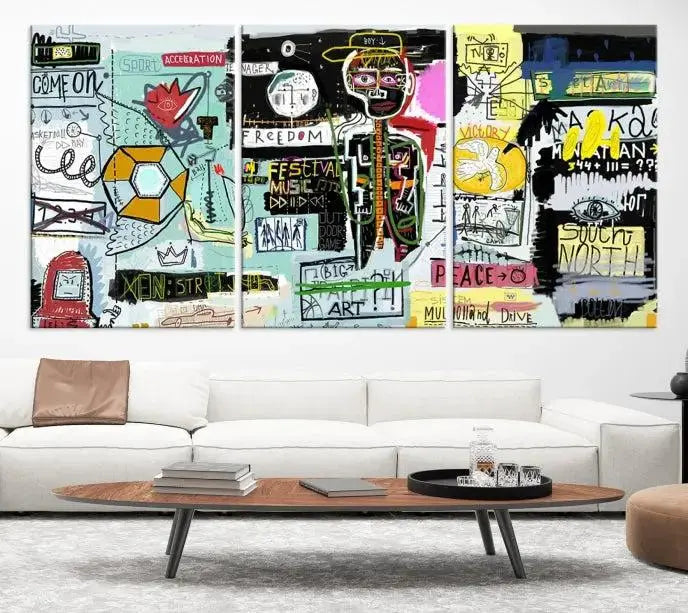 The Jean Abstract Graffiti Canvas, a modern abstract wall art inspired by street art and featuring vibrant symbols and text, is elegantly displayed in the living room.