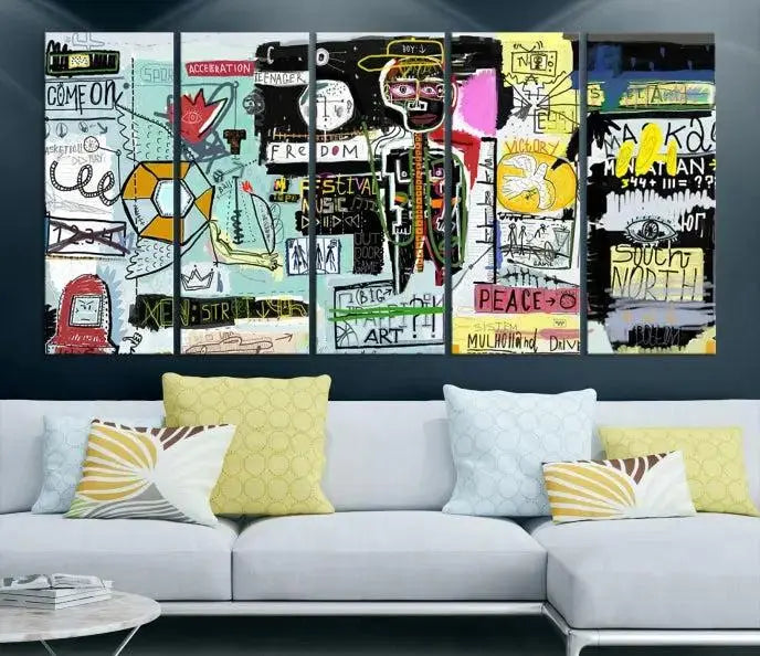 The Jean Abstract Graffiti Canvas, a modern abstract wall art inspired by street art and featuring vibrant symbols and text, is elegantly displayed in the living room.