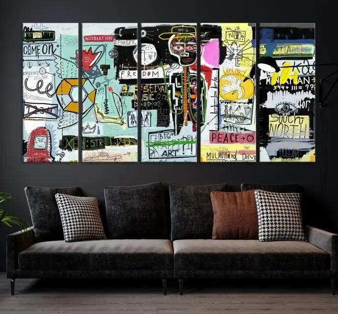 The Jean Abstract Graffiti Canvas, a modern abstract wall art inspired by street art and featuring vibrant symbols and text, is elegantly displayed in the living room.