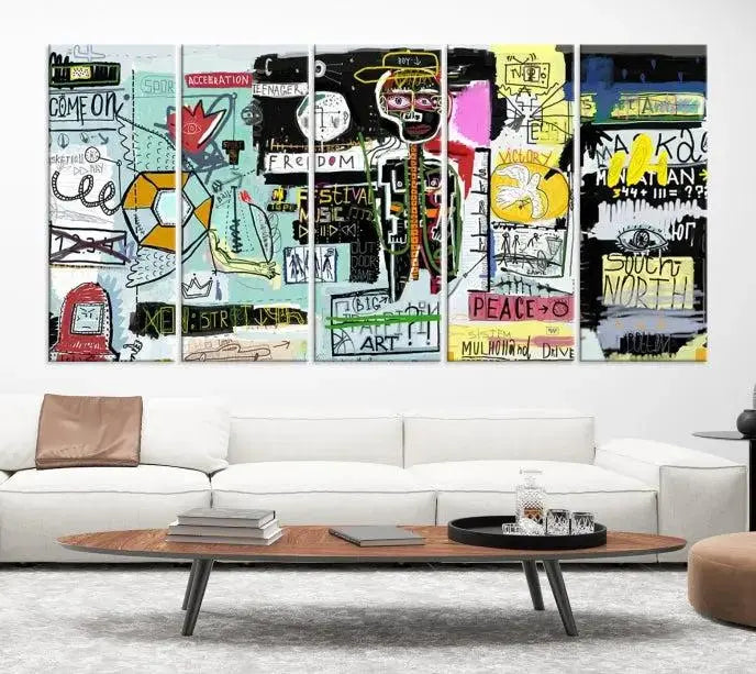 The Jean Abstract Graffiti Canvas, a modern abstract wall art inspired by street art and featuring vibrant symbols and text, is elegantly displayed in the living room.