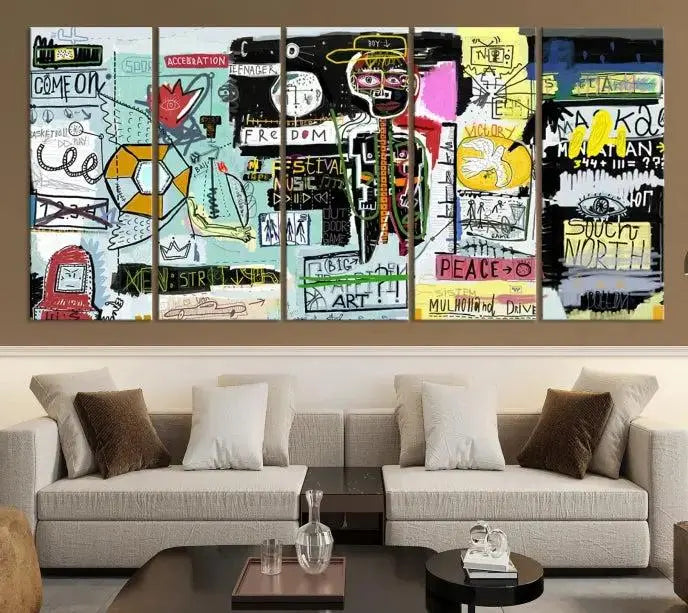 The Jean Abstract Graffiti Canvas, a modern abstract wall art inspired by street art and featuring vibrant symbols and text, is elegantly displayed in the living room.