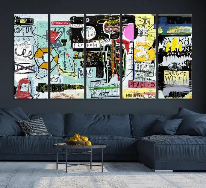 The Jean Abstract Graffiti Canvas, a modern abstract wall art inspired by street art and featuring vibrant symbols and text, is elegantly displayed in the living room.