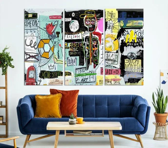 The Jean Abstract Graffiti Canvas, a modern abstract wall art inspired by street art and featuring vibrant symbols and text, is elegantly displayed in the living room.