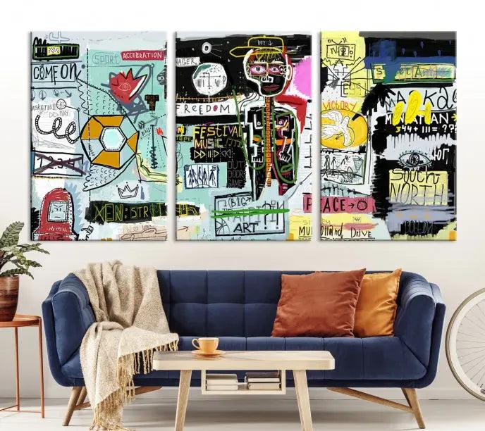 The Jean Abstract Graffiti Canvas, a modern abstract wall art inspired by street art and featuring vibrant symbols and text, is elegantly displayed in the living room.