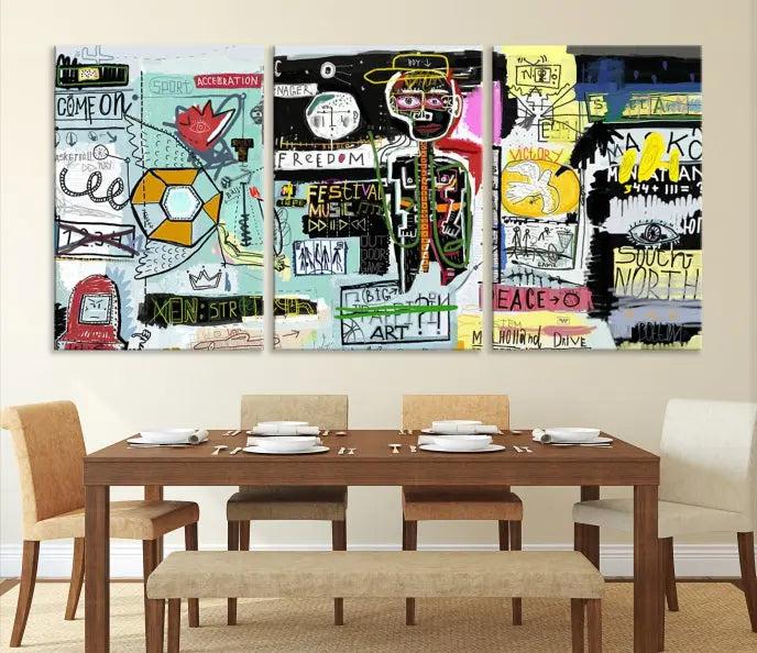 The Jean Abstract Graffiti Canvas, a modern abstract wall art inspired by street art and featuring vibrant symbols and text, is elegantly displayed in the living room.