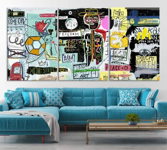 The Jean Abstract Graffiti Canvas, a modern abstract wall art inspired by street art and featuring vibrant symbols and text, is elegantly displayed in the living room.