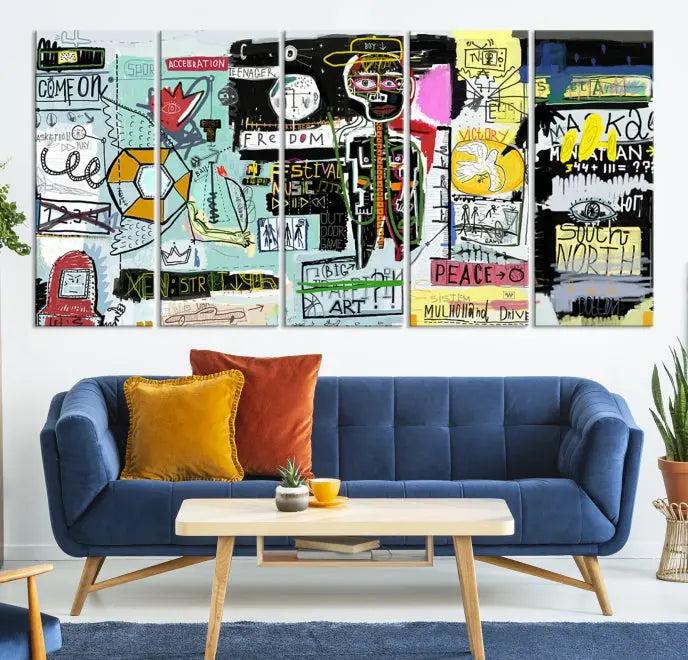 The Jean Abstract Graffiti Canvas, a modern abstract wall art inspired by street art and featuring vibrant symbols and text, is elegantly displayed in the living room.