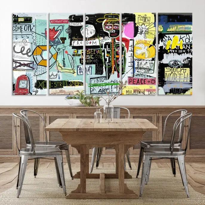 The Jean Abstract Graffiti Canvas, a modern abstract wall art inspired by street art and featuring vibrant symbols and text, is elegantly displayed in the living room.