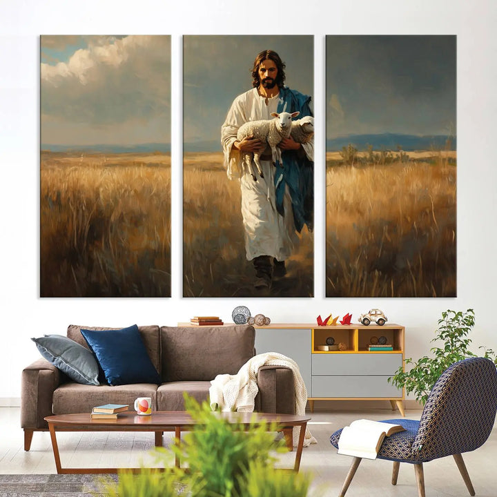 The triptych canvas titled "Jesus Shepherd Wall Art" features Jesus holding a lamb in a field, introducing a spiritual ambiance. This piece is perfect for those looking to blend Christian home decor with contemporary style.