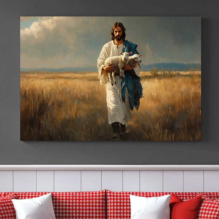 The triptych canvas titled "Jesus Shepherd Wall Art" features Jesus holding a lamb in a field, introducing a spiritual ambiance. This piece is perfect for those looking to blend Christian home decor with contemporary style.